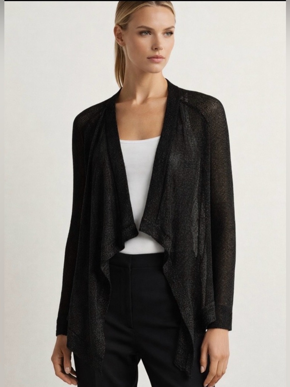 Vince Black Sheer Metallic Knit Open Front Cardigan | Size M